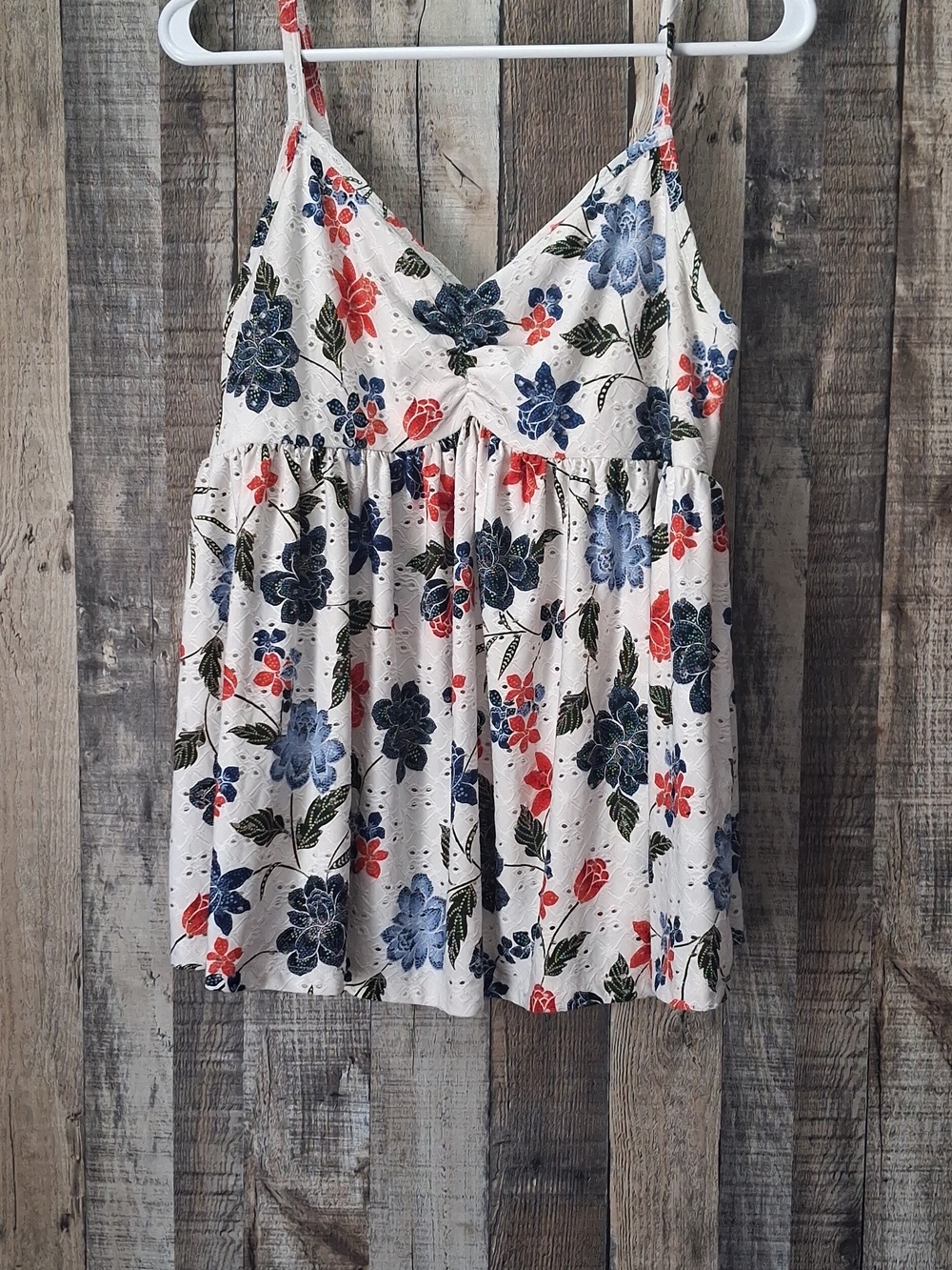Floral Eyelet Spaghetti Strap Tank Top - White with Blue & Red Flowers